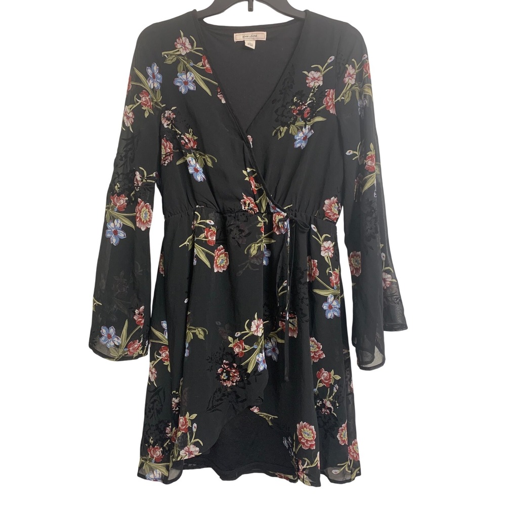 Adam Levine Black Floral Velvet Burnout Wrap Dress Bell Sleeve Size Large
